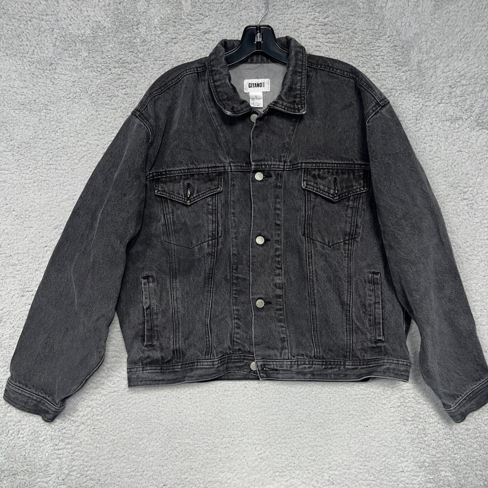 VTG Gitano‎ Denim Jacket Women's Sz L Black Light Wash Button Front Trucker 80s